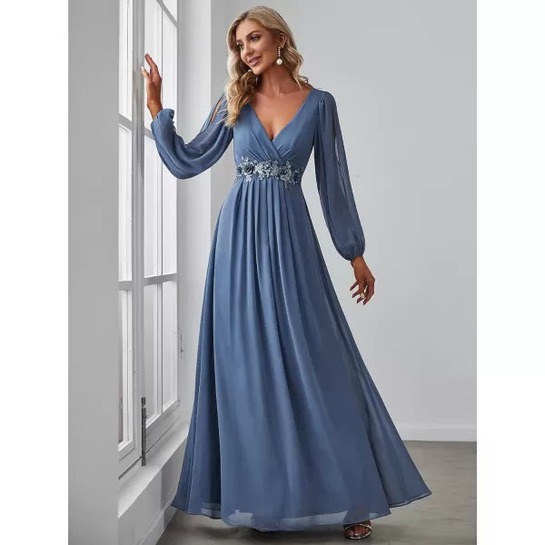 EverPretty Womens Elegant VNeck Long Sleeve Aline Chiffon Floor Length Mother of The Bride Dress 0461USAHaze Blue