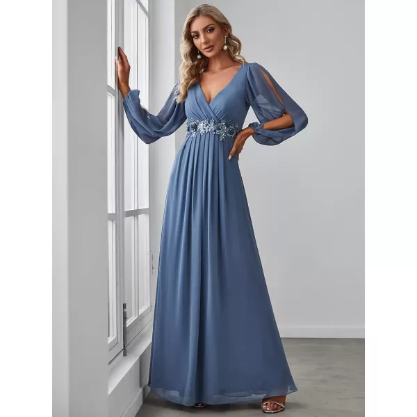 EverPretty Womens Elegant VNeck Long Sleeve Aline Chiffon Floor Length Mother of The Bride Dress 0461USAHaze Blue