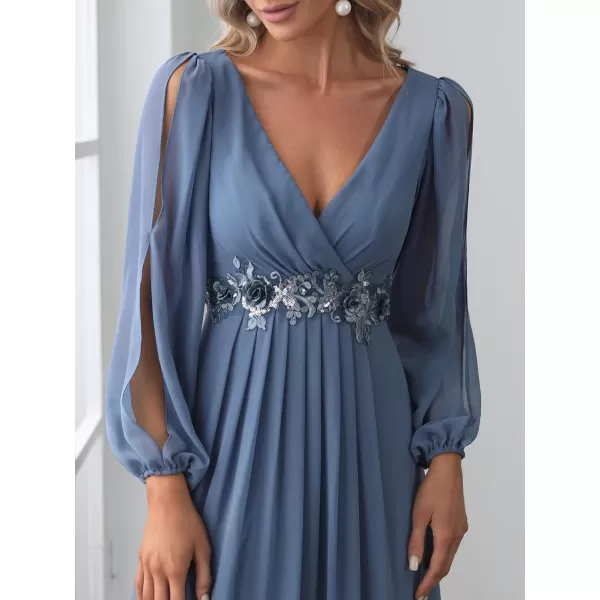 EverPretty Womens Elegant VNeck Long Sleeve Aline Chiffon Floor Length Mother of The Bride Dress 0461USAHaze Blue