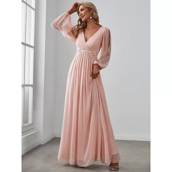 EverPretty Womens Elegant VNeck Long Sleeve Aline Chiffon Floor Length Mother of The Bride Dress 0461USAPink