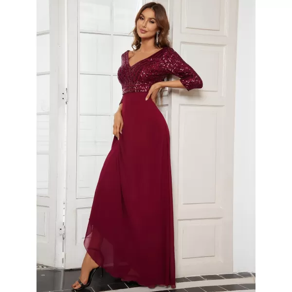 EverPretty Womens Elegant VNeck Long Sleeve Sequin Maxi Evening Dresses Prom Gowns 00751Burgundy