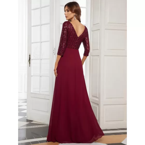 EverPretty Womens Elegant VNeck Long Sleeve Sequin Maxi Evening Dresses Prom Gowns 00751Burgundy