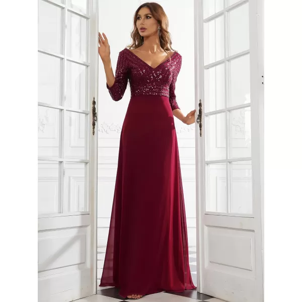 EverPretty Womens Elegant VNeck Long Sleeve Sequin Maxi Evening Dresses Prom Gowns 00751Burgundy