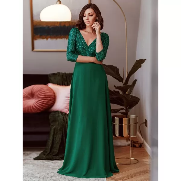 EverPretty Womens Elegant VNeck Long Sleeve Sequin Maxi Evening Dresses Prom Gowns 00751Dark Green