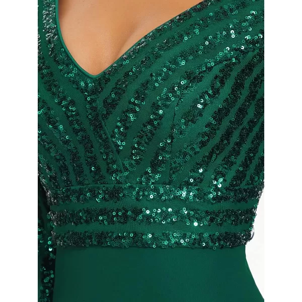 EverPretty Womens Elegant VNeck Long Sleeve Sequin Maxi Evening Dresses Prom Gowns 00751Dark Green