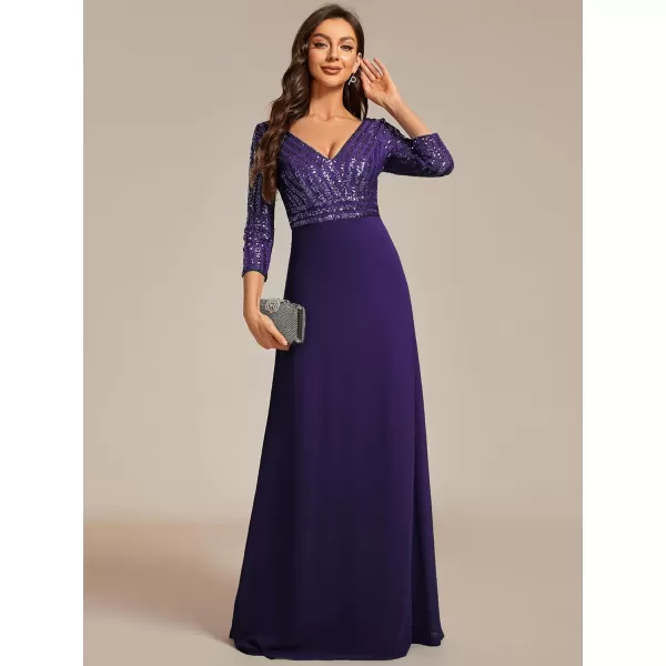 EverPretty Womens Elegant VNeck Long Sleeve Sequin Maxi Evening Dresses Prom Gowns 00751Deep Purple