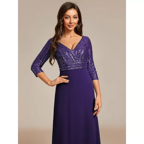 EverPretty Womens Elegant VNeck Long Sleeve Sequin Maxi Evening Dresses Prom Gowns 00751Deep Purple