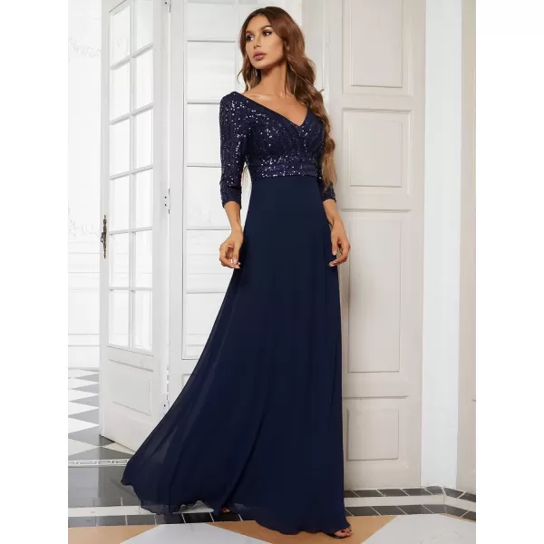 EverPretty Womens Elegant VNeck Long Sleeve Sequin Maxi Evening Dresses Prom Gowns 00751Navy Blue