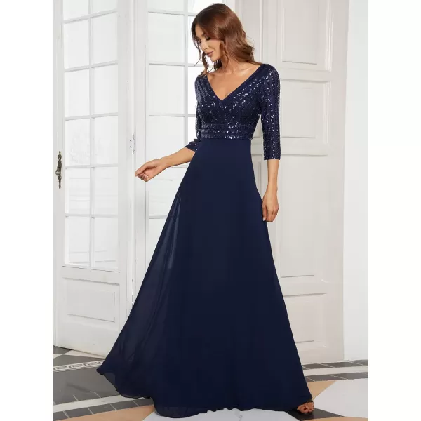 EverPretty Womens Elegant VNeck Long Sleeve Sequin Maxi Evening Dresses Prom Gowns 00751Navy Blue