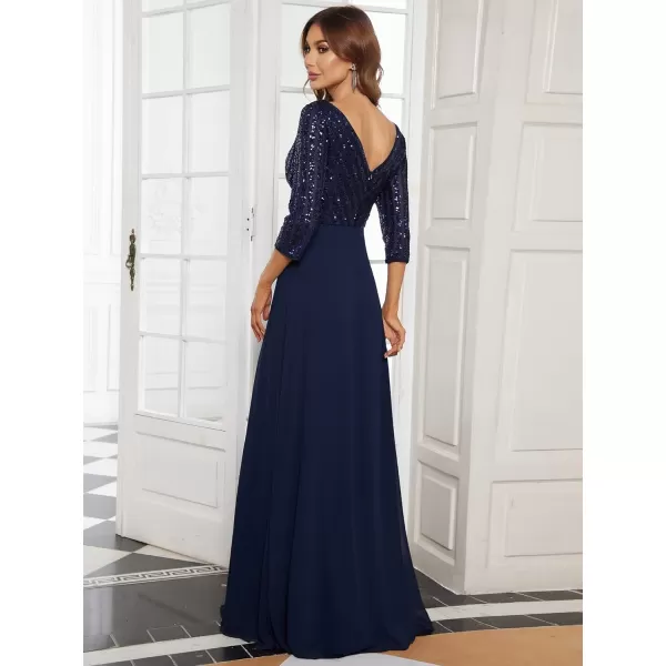 EverPretty Womens Elegant VNeck Long Sleeve Sequin Maxi Evening Dresses Prom Gowns 00751Navy Blue