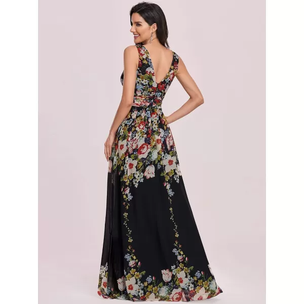 EverPretty Womens Elegant VNeck Sleeveless Chiffon SemiFormal Maxi Evening Dress 09016USABlack Printed