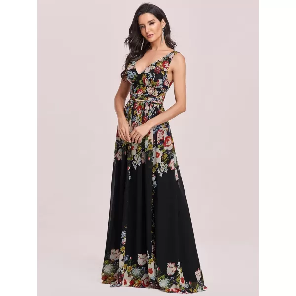 EverPretty Womens Elegant VNeck Sleeveless Chiffon SemiFormal Maxi Evening Dress 09016USABlack Printed