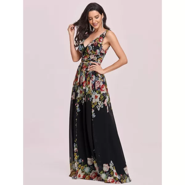 EverPretty Womens Elegant VNeck Sleeveless Chiffon SemiFormal Maxi Evening Dress 09016USABlack Printed