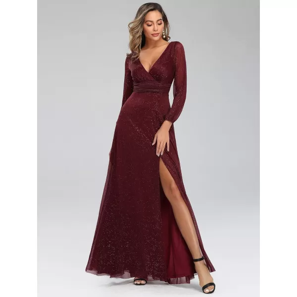 EverPretty Womens Evening Gown VNeck Front Wrap High Thigh Slit A Line Formal Dress 0739Burgundy