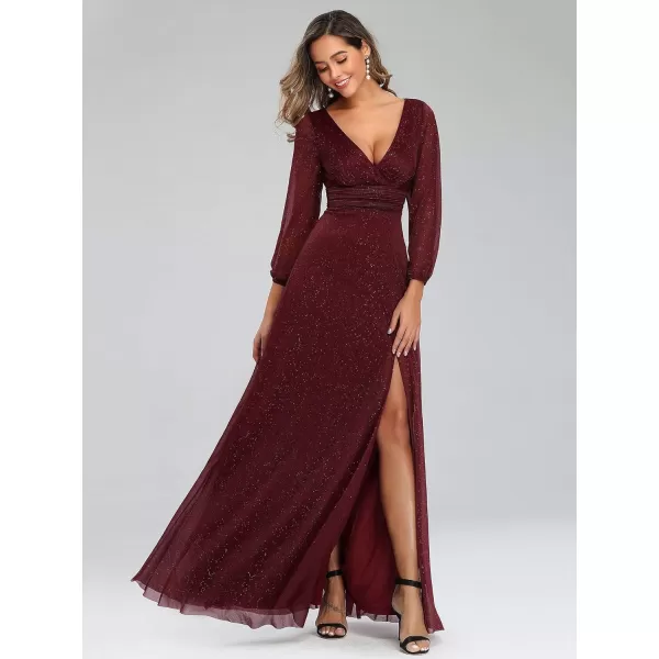 EverPretty Womens Evening Gown VNeck Front Wrap High Thigh Slit A Line Formal Dress 0739Burgundy