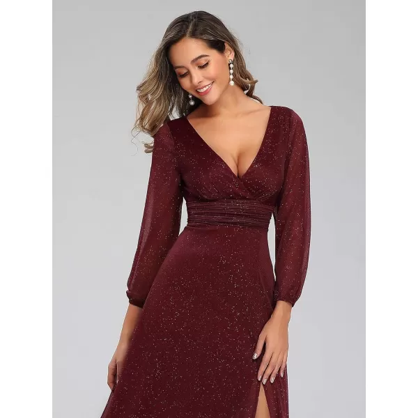 EverPretty Womens Evening Gown VNeck Front Wrap High Thigh Slit A Line Formal Dress 0739Burgundy