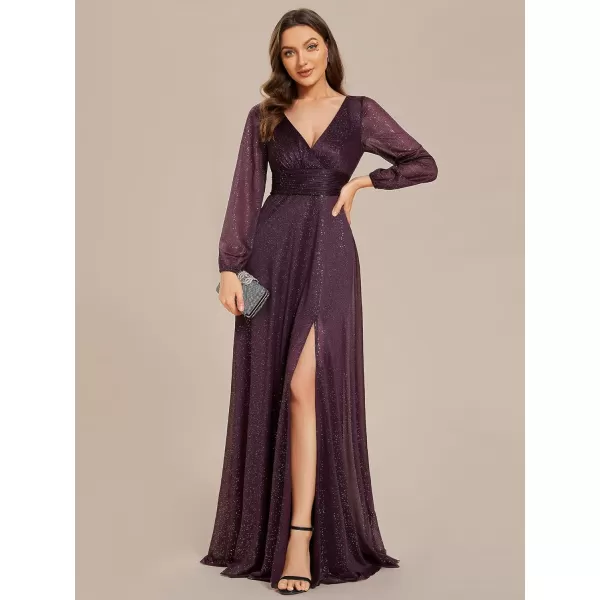 EverPretty Womens Evening Gown VNeck Front Wrap High Thigh Slit A Line Formal Dress 0739Deep Purple