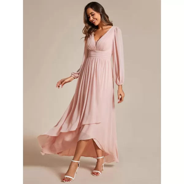 EverPretty Womens Fall Lantern Sleeve A Line High Low Bridesmaid Dresses 02043Pink