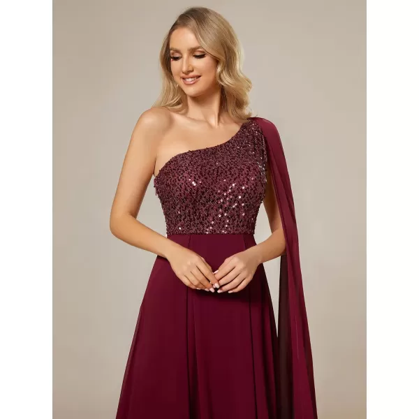 EverPretty Womens Flowy One Shoulder Sequin Bust A Line Chiffon Hem Evening Dresses 02032Burgundy