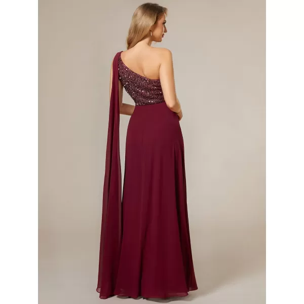 EverPretty Womens Flowy One Shoulder Sequin Bust A Line Chiffon Hem Evening Dresses 02032Burgundy