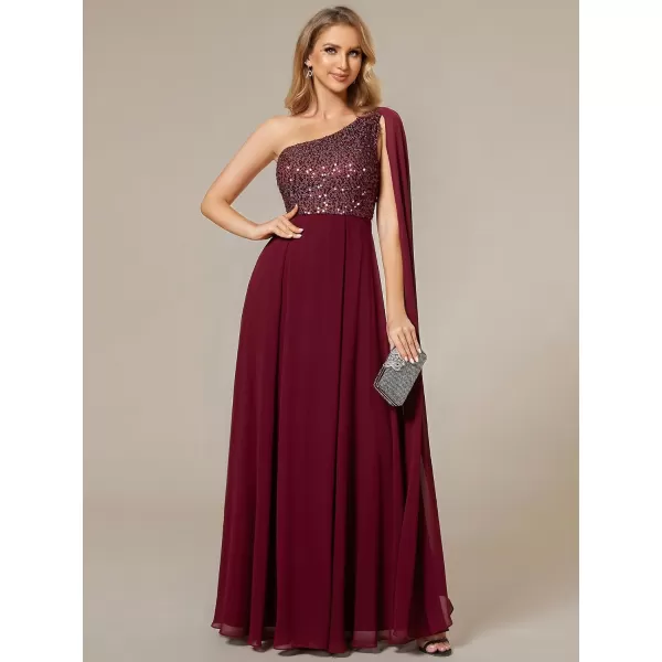 EverPretty Womens Flowy One Shoulder Sequin Bust A Line Chiffon Hem Evening Dresses 02032Burgundy