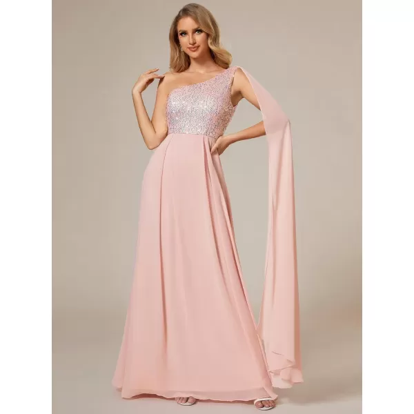 EverPretty Womens Flowy One Shoulder Sequin Bust A Line Chiffon Hem Evening Dresses 02032Pink