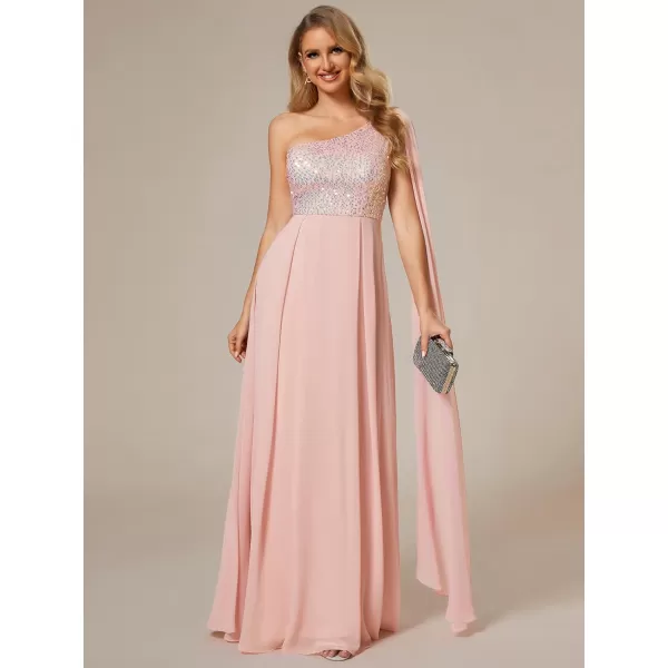 EverPretty Womens Flowy One Shoulder Sequin Bust A Line Chiffon Hem Evening Dresses 02032Pink