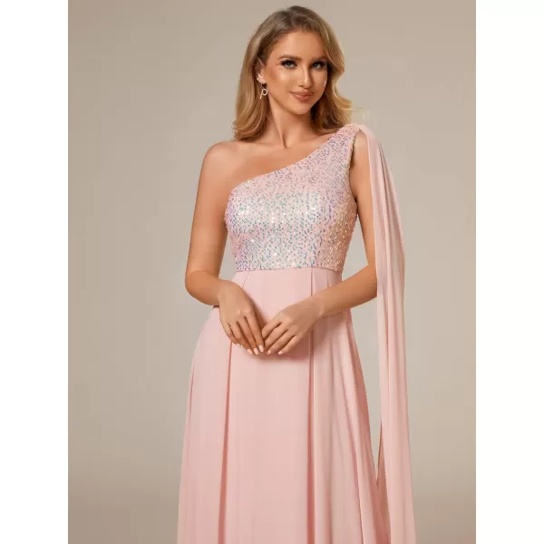 EverPretty Womens Flowy One Shoulder Sequin Bust A Line Chiffon Hem Evening Dresses 02032Pink