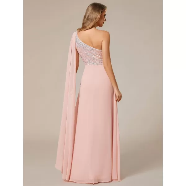 EverPretty Womens Flowy One Shoulder Sequin Bust A Line Chiffon Hem Evening Dresses 02032Pink