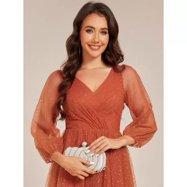 EverPretty Womens Formal Dress Lantern Long Sleeve Pleated Knee Length A Line Wedding Guest Dresses 02234Burnt Orange