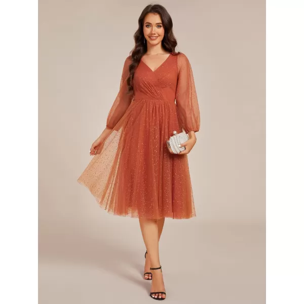 EverPretty Womens Formal Dress Lantern Long Sleeve Pleated Knee Length A Line Wedding Guest Dresses 02234Burnt Orange