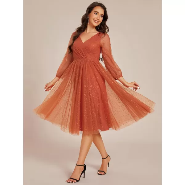 EverPretty Womens Formal Dress Lantern Long Sleeve Pleated Knee Length A Line Wedding Guest Dresses 02234Burnt Orange