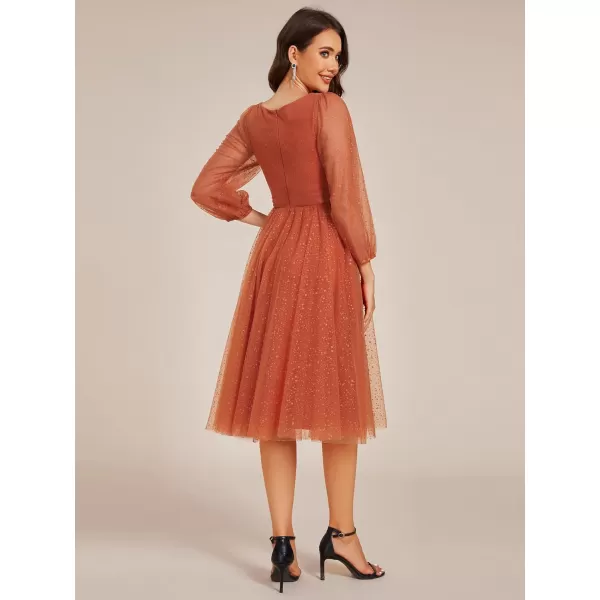 EverPretty Womens Formal Dress Lantern Long Sleeve Pleated Knee Length A Line Wedding Guest Dresses 02234Burnt Orange