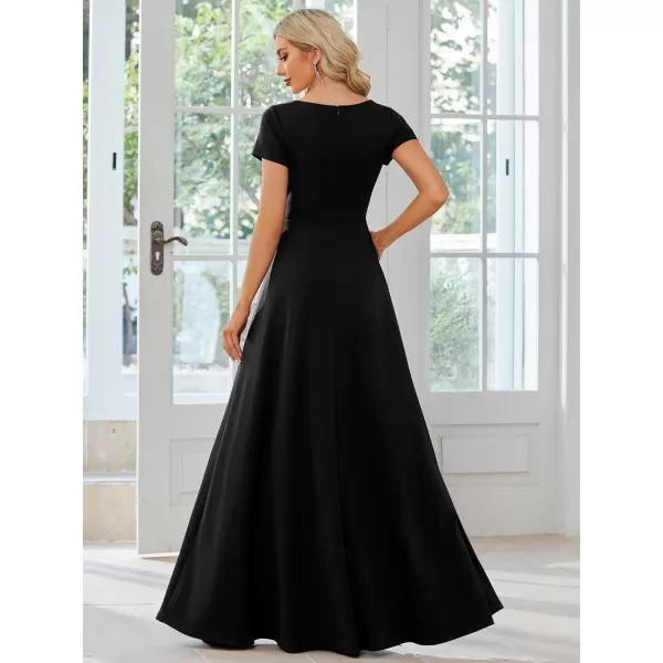 EverPretty Womens Formal Dress Ruched Waist V Neck A Line Bridesmiad Dress with Sleeves 01730Black