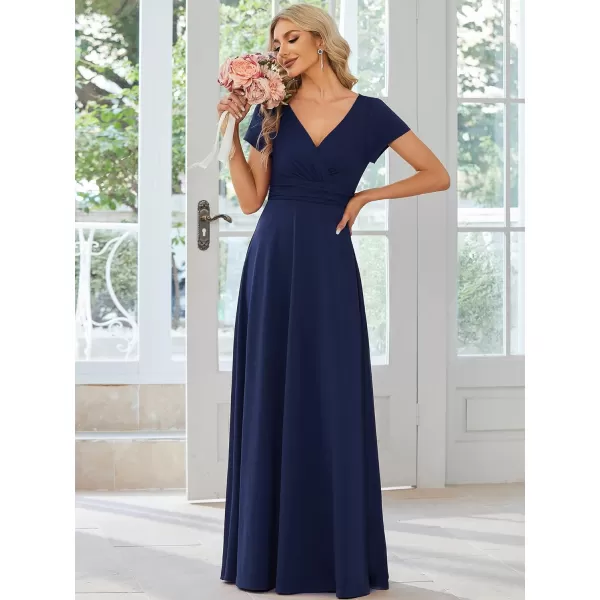 EverPretty Womens Formal Dress Ruched Waist V Neck A Line Bridesmiad Dress with Sleeves 01730Navy Blue