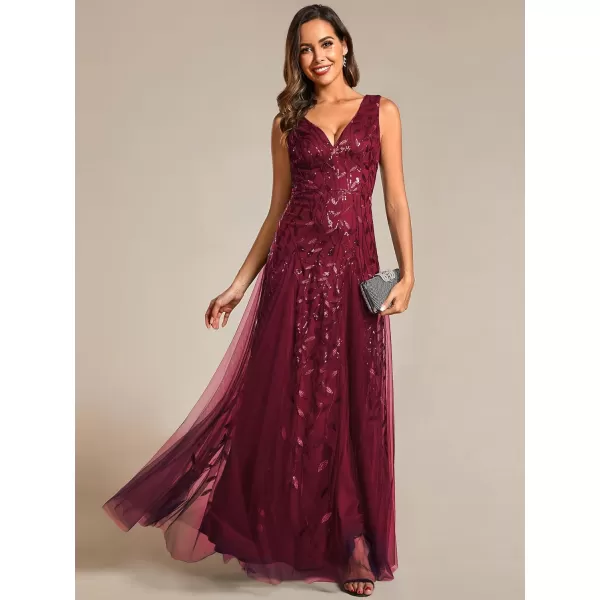 EverPretty Womens Formal Dress V Neck Sleeveless Tulle Hem ALine Sequins Maxi Evening Dress 02130Burgundy