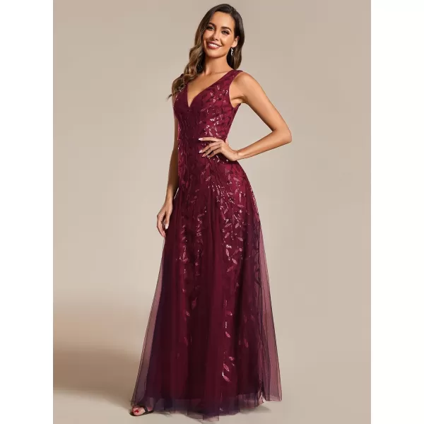 EverPretty Womens Formal Dress V Neck Sleeveless Tulle Hem ALine Sequins Maxi Evening Dress 02130Burgundy