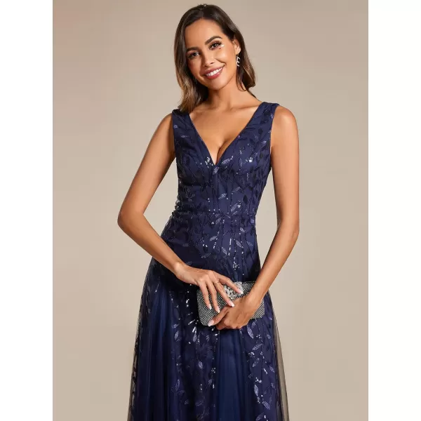 EverPretty Womens Formal Dress V Neck Sleeveless Tulle Hem ALine Sequins Maxi Evening Dress 02130Navy Blue