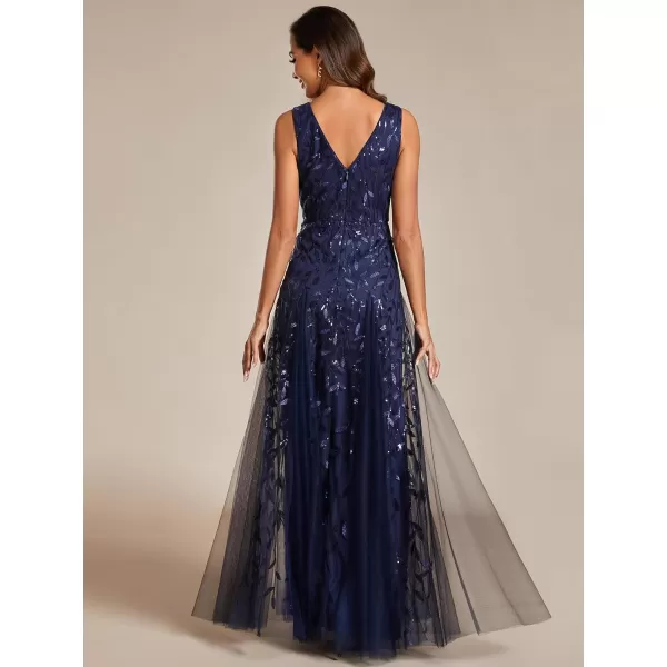 EverPretty Womens Formal Dress V Neck Sleeveless Tulle Hem ALine Sequins Maxi Evening Dress 02130Navy Blue