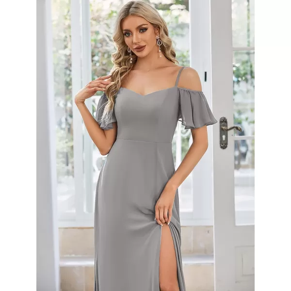 EverPretty Womens Formal Dresses Off Shoulder Short Sleeve Split ALine Floor Length Bridesmaid Dresses 0237Grey