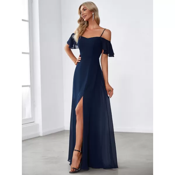 EverPretty Womens Formal Dresses Off Shoulder Short Sleeve Split ALine Floor Length Bridesmaid Dresses 0237Navy Blue