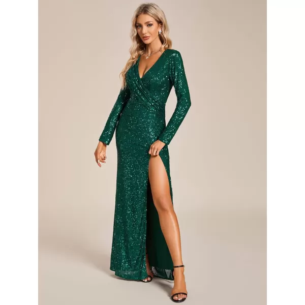 EverPretty Womens Generous FloorLength Sequin Split Ruched V Neck Long Sleeves Evening Dresses 50168Dark Green