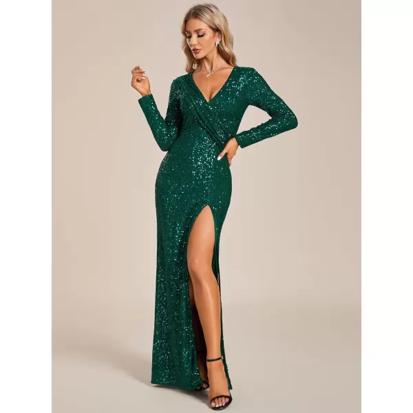 EverPretty Womens Generous FloorLength Sequin Split Ruched V Neck Long Sleeves Evening Dresses 50168Dark Green