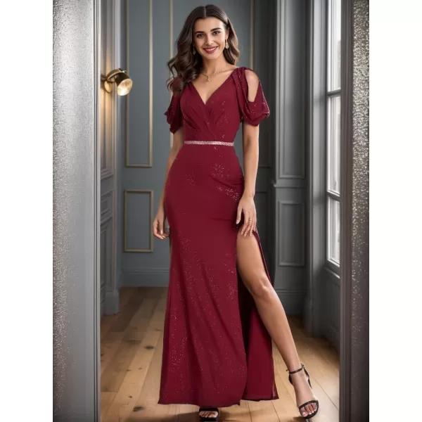 EverPretty Womens Giltter V Neck Short Sleeves Side Slit Mermaid Floor Length Maxi Evening Dresses 01889Burgundy