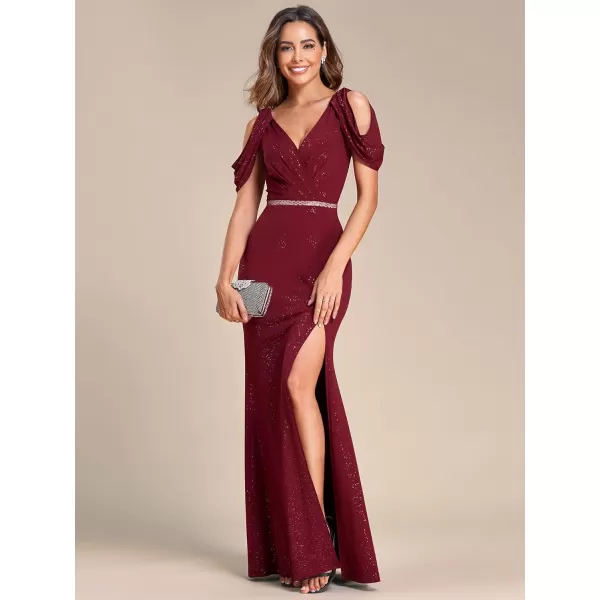 EverPretty Womens Giltter V Neck Short Sleeves Side Slit Mermaid Floor Length Maxi Evening Dresses 01889Burgundy