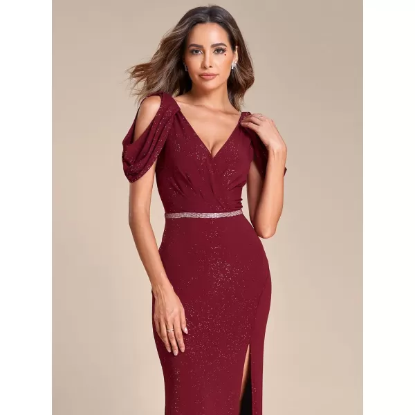 EverPretty Womens Giltter V Neck Short Sleeves Side Slit Mermaid Floor Length Maxi Evening Dresses 01889Burgundy