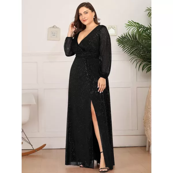 EverPretty Womens Glitter A Line High Slit VNeck Plus Size Formal Gowns and Evening Dresses 0739PZBlack