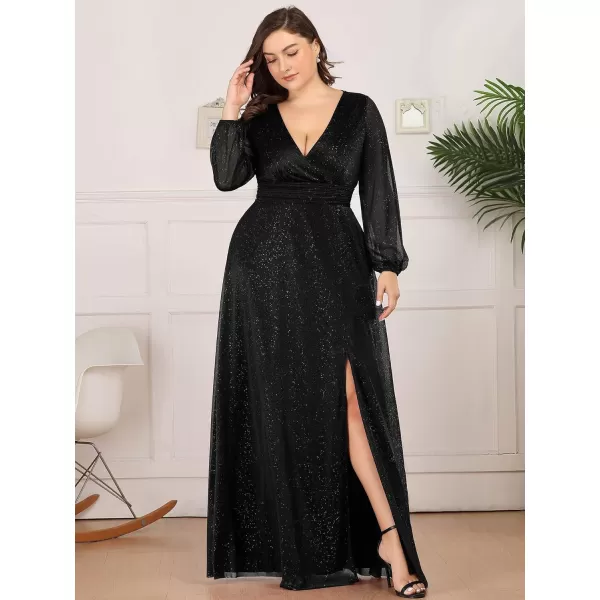 EverPretty Womens Glitter A Line High Slit VNeck Plus Size Formal Gowns and Evening Dresses 0739PZBlack