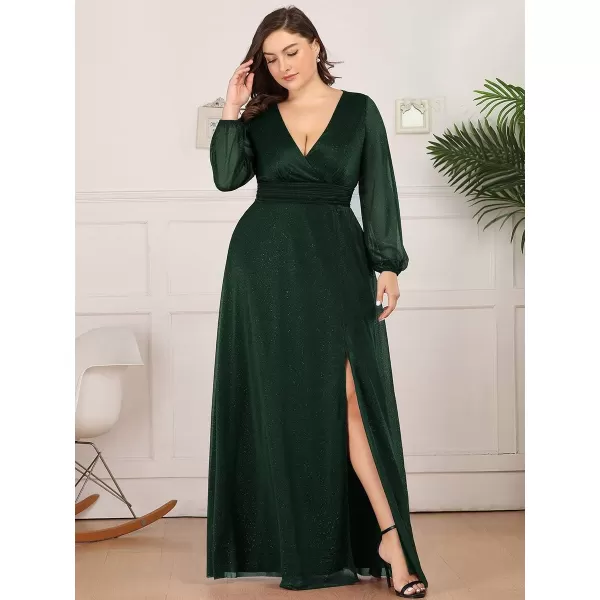 EverPretty Womens Glitter A Line High Slit VNeck Plus Size Formal Gowns and Evening Dresses 0739PZDark Greenb