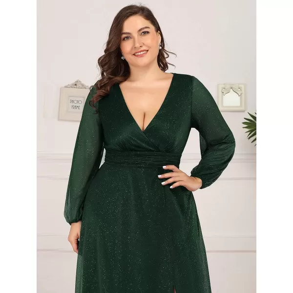 EverPretty Womens Glitter A Line High Slit VNeck Plus Size Formal Gowns and Evening Dresses 0739PZDark Greenb